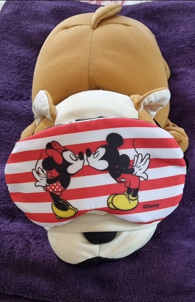 Cachorrinho de pelúcia, com um tapa olhos que traz o desenho do Mickey e Minnie, sobre um cobertor roxo.