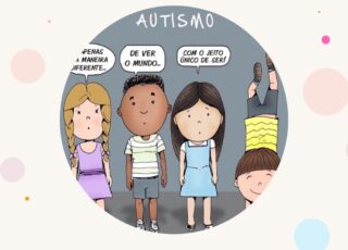 Quatro garotinhos dizendo: Autismo é apenas uma maneira diferente de ver o mundo com um jeito único de ser.