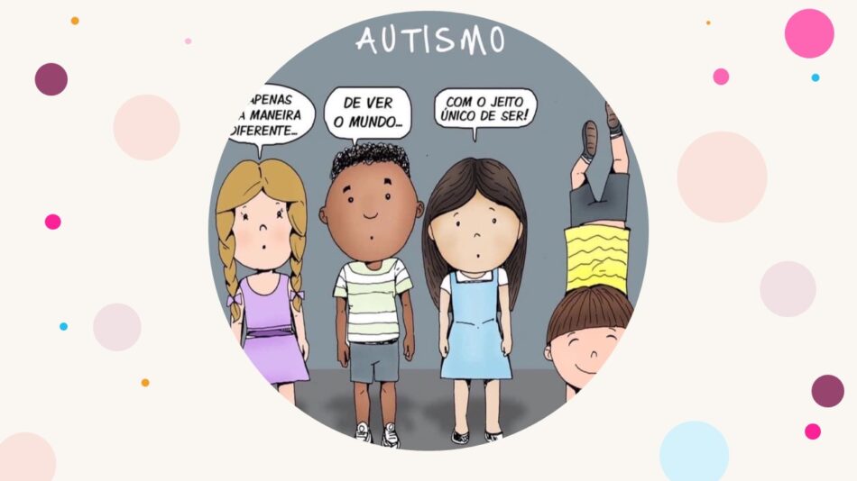 Quatro garotinhos dizendo: Autismo é apenas uma maneira diferente de ver o mundo com um jeito único de ser.