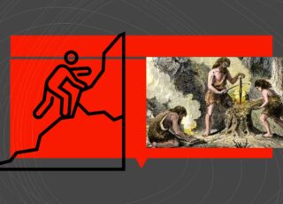 Ilustração do texto, Autista não interage socialmente. Foto Blog EstudoKids, de 3 homens das cavernas. e o desenho de outro subindo uma montanha.