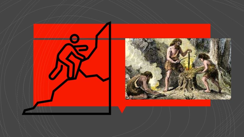 Ilustração do texto, Autista não interage socialmente. Foto Blog EstudoKids, de 3 homens das cavernas. e o desenho de outro subindo uma montanha.