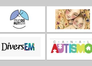 Logos Canal Autismo, DiverEM e Mundo Autista, Desenho de mãe e filho retirado de: Na Sisteragem Feminismo, sororidade, humor e o que mais vier. Para falar sobre Mãe autista mãe atípica e maternidade atípica