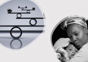 Uma escala de balança digital usando círculos de um lado e, do outro, uma mãe preta com seu bebê no colo. A imagem representa O desafio de nascer criança preta no Brasil