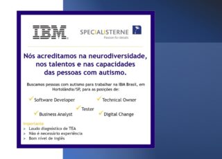 Logo da Specialisterne e IBM falando sobre oportunidade de trabalho para pessoas com autismo. Vagas na IBM em Hortolândia, São Paulo.