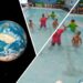 No texto autismo e a natação, a educadora física e professora de natação, Thaís Magalhães, e seus alunos durante uma aula, na piscina. Do lado esquerdo, vê-se uma foto do mundo.