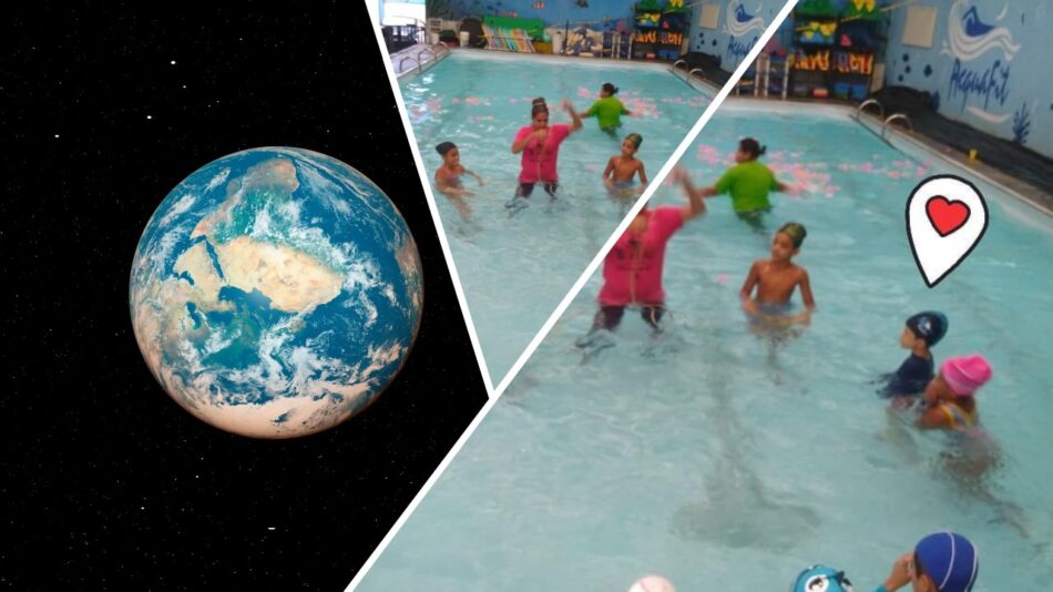 No texto autismo e a natação, a educadora física e professora de natação, Thaís Magalhães, e seus alunos durante uma aula, na piscina. Do lado esquerdo, vê-se uma foto do mundo.