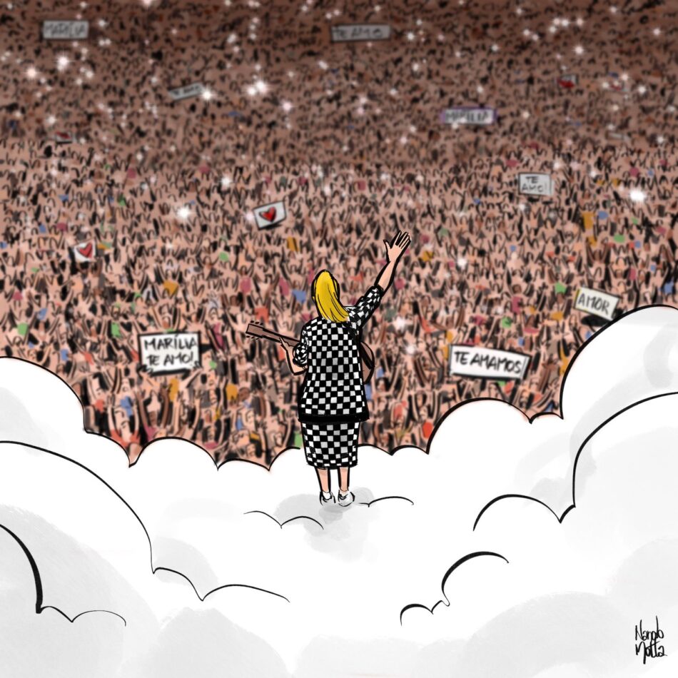 Ilustração de Nando Motta, músico, ator e ilustrador, Marília lá do Céu, do céu, tocando para os fãs na terra.