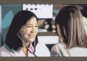Uma autista acompanha a mãe ao médico. Foto estilizada de uma médica em seu consultório.