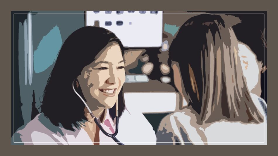 Uma autista acompanha a mãe ao médico. Foto estilizada de uma médica em seu consultório.