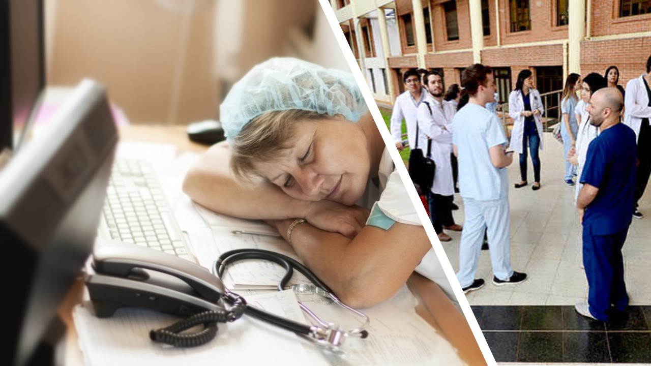 Foto que mostra do lado esquerdo uma médica de cabeça debruçada numa mesa, vencida pelo cansaço. Do lado direito, médicos e enfermeiros reunidos do lado de fora do hospital