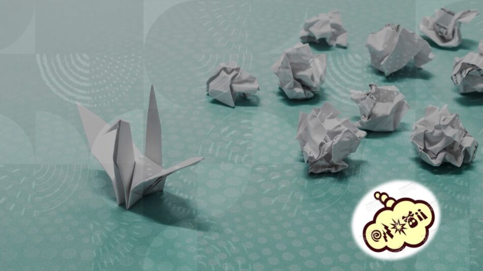Autistas são rancorosos? a ilustração é de uma ave origami, tsuru, seguidos por papéis embolados, sem forma e rancorosos por isso.
