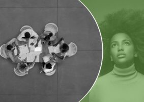 Foto partida ao meio por duas imagens: uma mesa com mulheres debatendo, em preto e preto. outra imagem é uma mulher negra foto p&b esverdeada. Ela está com olhar perdido e pensativo.