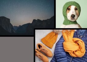Cada um com seu cada qual, #diferenças. Foto com um cachorrinho de touca, roupas de frio femininas e montanhas à noite.
