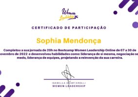 Certificado de conclusão de participação de Sophia Mendonça em bootcamp de Liderança Feminina.