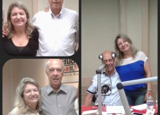 Três fotos de Selma e José Lino Souza Barros na Rádio Itatiaia. Eles aparecem sorridentes e abraçados.