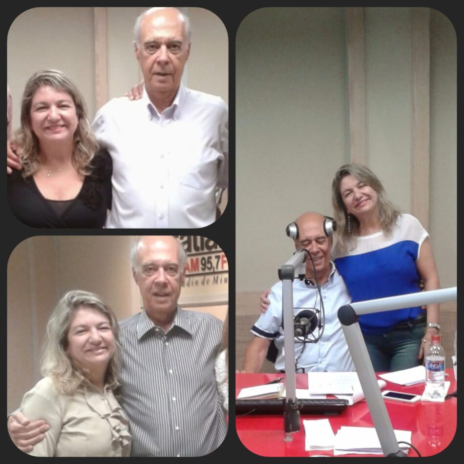 Três fotos de Selma e José Lino Souza Barros na Rádio Itatiaia. Eles aparecem sorridentes e abraçados.