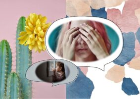 Três imagens em uma. Um cactus com uma linda flor amarela. O rosto de uma mãe que cobre a face com as mãos e uma menininha olhando triste, pela janela, ambas em segundo plano.