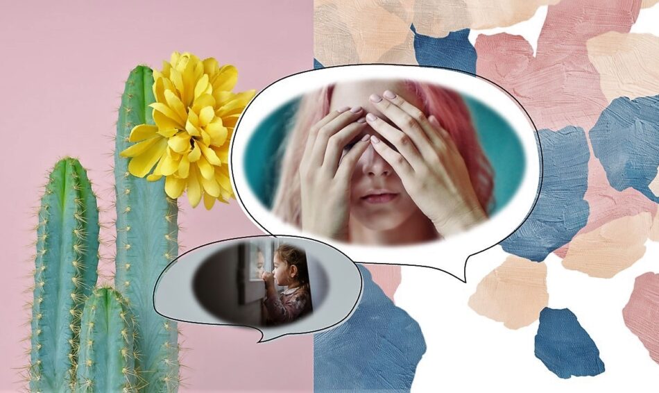 Três imagens em uma. Um cactus com uma linda flor amarela. O rosto de uma mãe que cobre a face com as mãos e uma menininha olhando triste, pela janela, ambas em segundo plano.