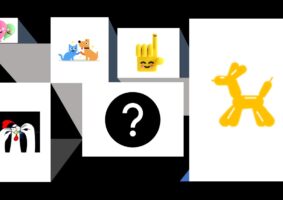 Desenhos estilizados de cachorro, mão, galinha, balões, gato e ponto de interrogação