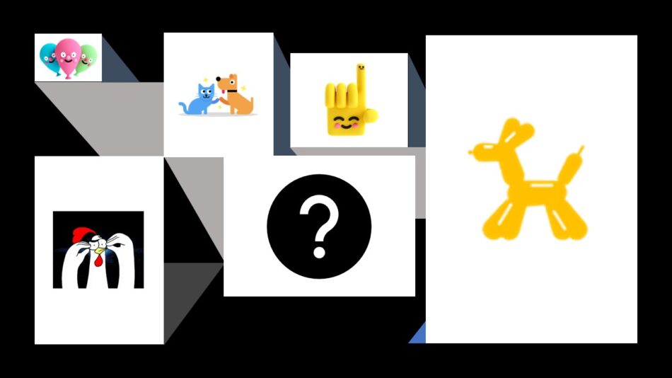 Desenhos estilizados de cachorro, mão, galinha, balões, gato e ponto de interrogação