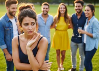 Nesta imagem, uma mulher com uma expressão preocupada está um pouco afastada de seu grupo de amigos. Ela levanta a mão em um gesto de desculpa, com um sorriso tímido. O grupo de amigos parece alegre e descontraído. A cena se passa em um parque ao ar livre, com a luz do sol da tarde. autismo e a frase recorrente desculpe mas