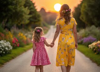 mãe e filha estão de mãos dadas e seguem por uma linda estrada florida, no mesmo sentido. Ao fundo, o nascer do sol