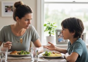 Numa mesa de refeição, mãe e filho estão sentados, almoçando. A expressão da mãe demonstra que o filho está cobrando alguma coisa nas atitudes dela